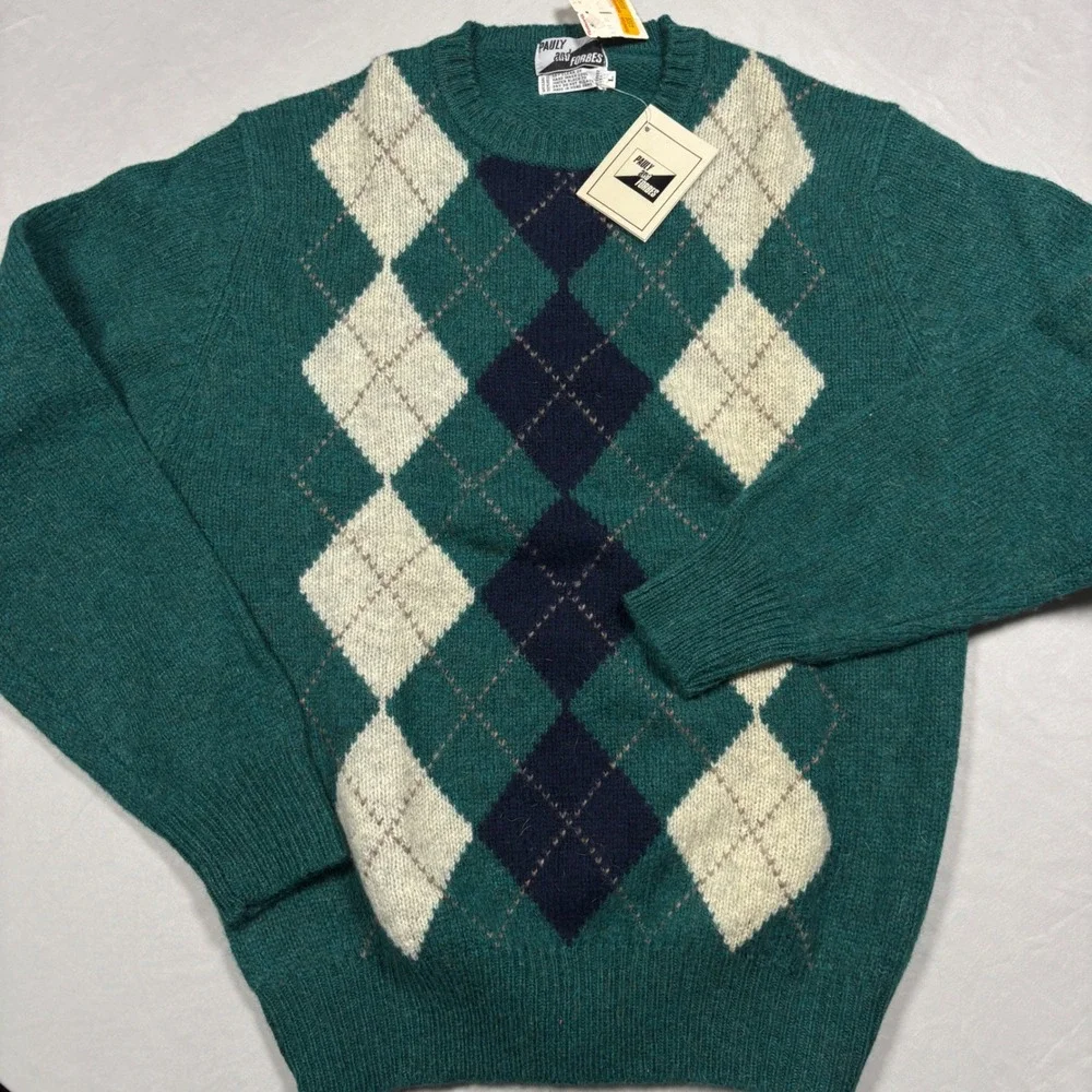 Pauly and Forbes‎ Sweater Mens L Green Argyle 100% Shetland Wool Grandpa NWT